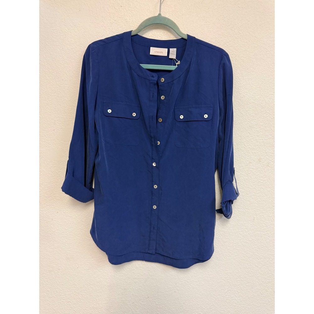 Chico's Women's Size 1 Blue Silk Button Front Blouse Roll Tab Sleeves NWT